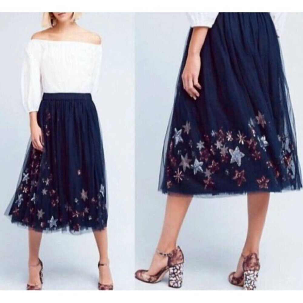 Reserved Navy Embroidered Floral Tulle Midi Skirt S - Picture 14 of 14